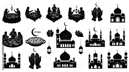 Black illustrations of ramadan kareem concepts including mosque architecture people breaking fast and praying during iftar Silhouette vector on whit Background