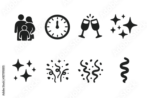 New Year Icons Set. New Year family moment. Filled icon set of New Year family moment: parents silhouette,