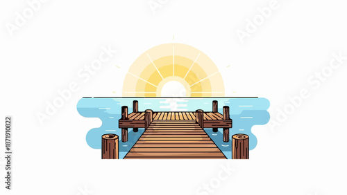 Wooden dock extends into calm blue water under a bright, stylized sun