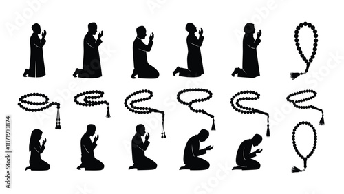 of people in various prayer positions with rosary beads white white with faith and worship and spirituality Silhouette vector on whit Background