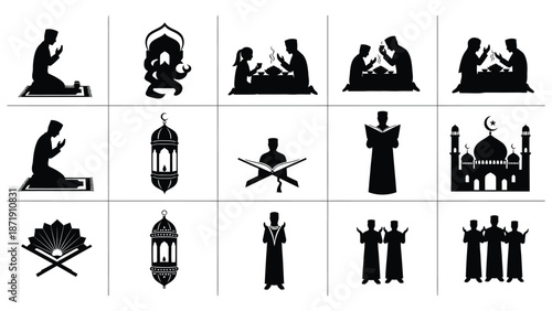 Black icons of muslim people praying and mosque architecture white for ramadan and islamic holiday with Prayer Silhouette vector on whit Background