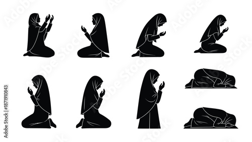 of a woman in various islamic prayer positions white white with hijab and muslim woman and religious and faith Silhouette vector on whit Background