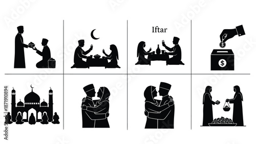 Ramadan kareem illustration set with silhouettes of people breaking fast iftar and giving charity with Mosque Silhouette vector on whit Background