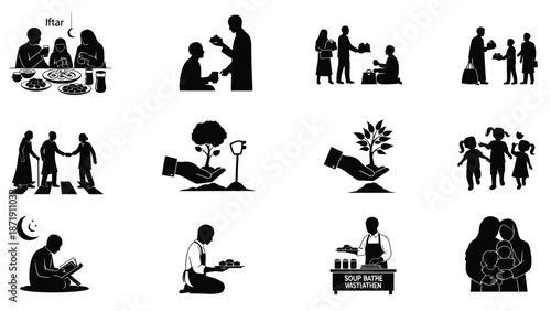 Black illustrations of people engaged in acts of kindness and charity white white with compassion and helping Silhouette vector on whit Background