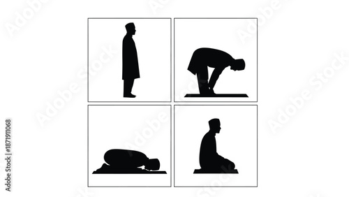 Four black illustrations of a man in different yoga poses white white with fitness and wellness and meditation Silhouette vector on whit Background
