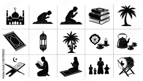 Ramadan kareem illustration set with mosque prayer mat lantern palm tree books tea kettle drum and people in white Silhouette vector on whit Background