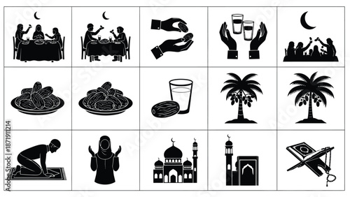 Ramadan kareem illustration set with mosque food prayer and fasting icons white white with Islamic and Iftar Silhouette vector on whit Background