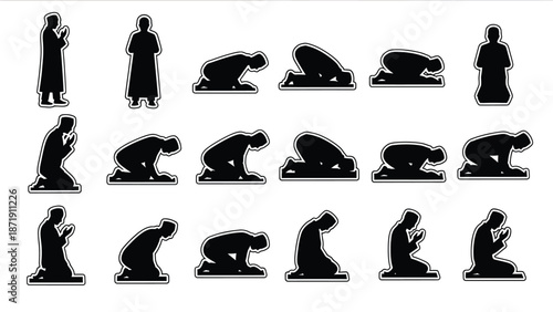 Muslim man in various prayer positions white with muslim prayer and islamic art and faith illustration and worship graphic Silhouette vector on whit Background