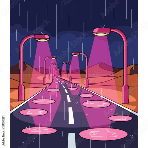 A rainy road with pink streetlights and puddles