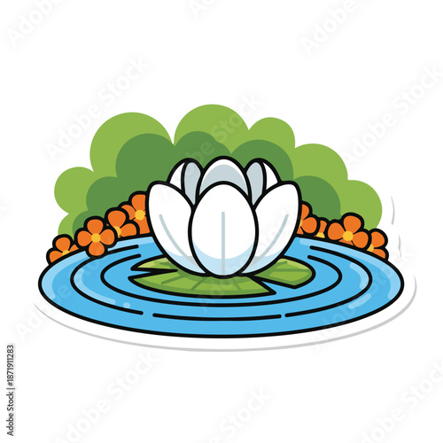 A serene white lotus on a pond with orange flowers