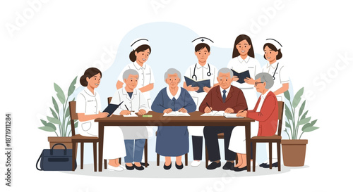 Healthcare professionals interacting with senior citizens at a table setting