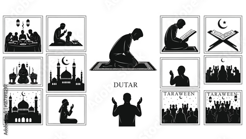 graphic depicting various islamic scenes and symbols including people praying reading quran mosque tarawih Silhouette vector on whit Background