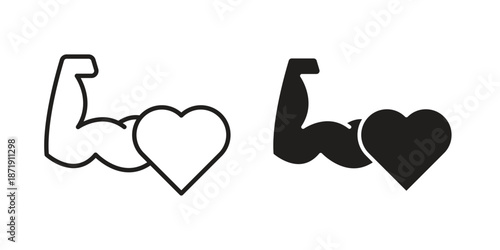 Strong heart icons in a black filled and outlined style. Set of vector icons