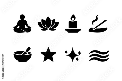 Meditative Icon Set. Meditative reset 2026. Filled icon set of meditative reset 2026: figure icon, lotus icon,