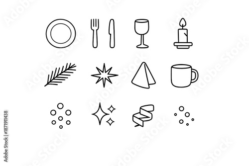 Festive Table Icons. Simple festive table. Line outline icon set of Simple festive table: plate, cutlery, wine