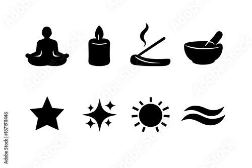 2026 Meditation Icons. 2026 meditation practice. Filled icon set of 2026 meditation practice: silhouette pose,