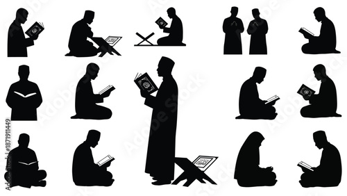 illustration of people reading books in various positions white white with graphic resource and clipart Silhouette vector on whit Background