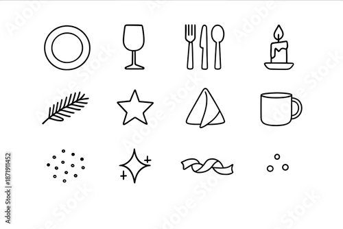Festive Table Icons. Refined festive table. Line outline icon set of Refined festive table: plate, wine glass,