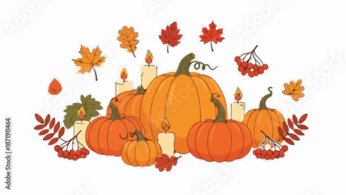 Warm autumn arrangement of pumpkins, lit candles, and colorful fall leaves