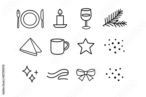 Seasonal Dinner Icons. Seasonal dinner simplicity. Line outline icon set of Seasonal dinner simplicity: plate,