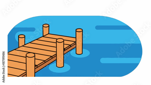 Wooden pier extending into bright blue water with stylized ripples