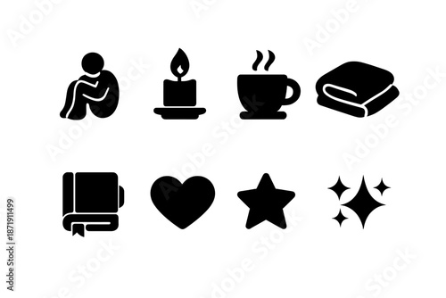 New Year Icon Set. Alone time New Year. Filled icon set of alone time New Year: figure icon, flame candle, tea