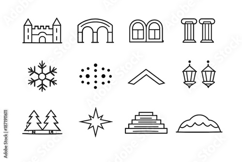 Frozen Symmetry Icons. Frozen symmetry icons. Line outline icon set of Frozen symmetry icons: symmetrical