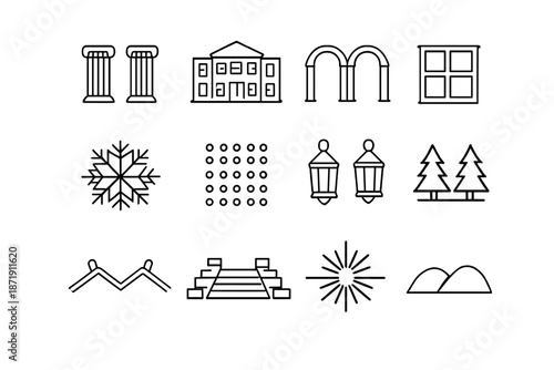 Winter Symmetry Icons. Symmetry in cold-season design. Line outline icon set of Symmetry in cold-season design