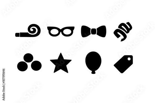 Black Celebration Icons. Celebration accessories flat-lay. Filled icon set of celebration accessories flat-lay