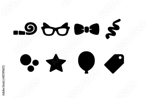 Black Celebration Icons. Celebration accessories flat-lay. Filled icon set of celebration accessories flat-lay