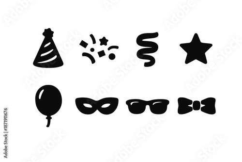 Party Icon Essentials. Party flat-lay essentials. Filled icon set of party flat-lay essentials: hat, confetti,