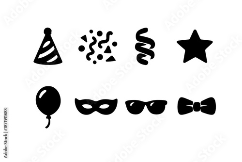 Party Icon Essentials. Party flat-lay essentials. Filled icon set of party flat-lay essentials: hat, confetti,