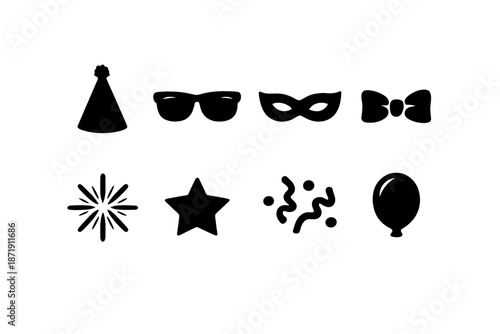 Party Icon Set. Flat-lay party moments. Filled icon set of flat-lay party moments: hat silhouette, glasses