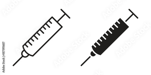 Syringe icons in a black filled and outlined style. Set of vector icons