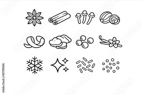 Seasonal Spice Icons. Seasonal spice macros. Line outline icon set of Seasonal spice macros: star anise,