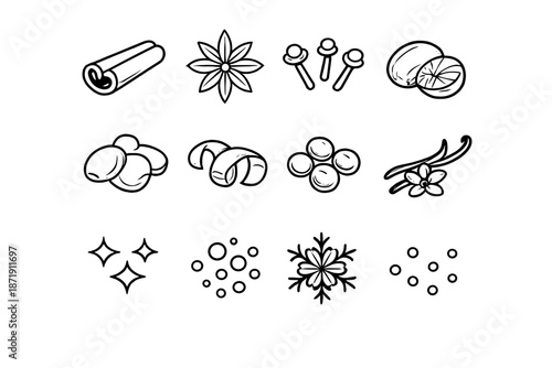 Cozy Spice Icons. Cozy spice close-ups. Line outline icon set of Cozy spice close-ups: cinnamon stick, star
