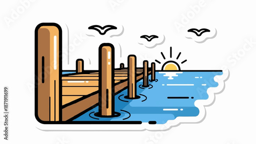 Wooden pier extends into calm blue water under a bright sunrise and flying birds