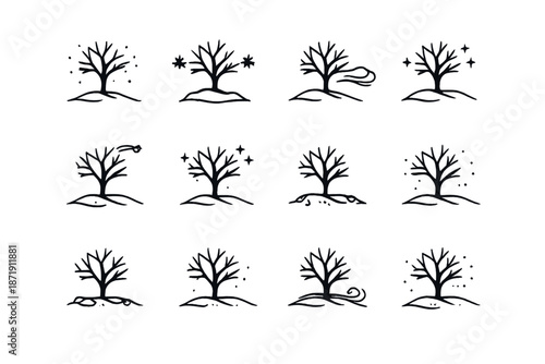 Winter Tree Icons. Solitary winter tree. Line outline icon set of Solitary winter tree: single tree, branch