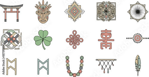 Collection of diverse cultural and spiritual symbols and icons.
