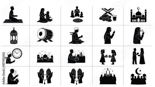 Black icons of muslim people praying and celebrating ramadan white white with Prayer and Islam and Celebration Silhouette vector on whit Background