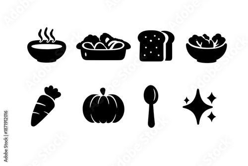 Winter Plant-Based Icons. Winter plant-based dishes. Filled icon set of winter plant-based dishes: soup bowl,