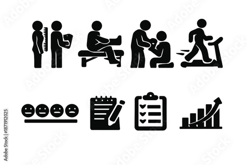 Rehabilitation Icon Set. Rehabilitation Assessment. Filled icon set of Rehabilitation Assessment: posture
