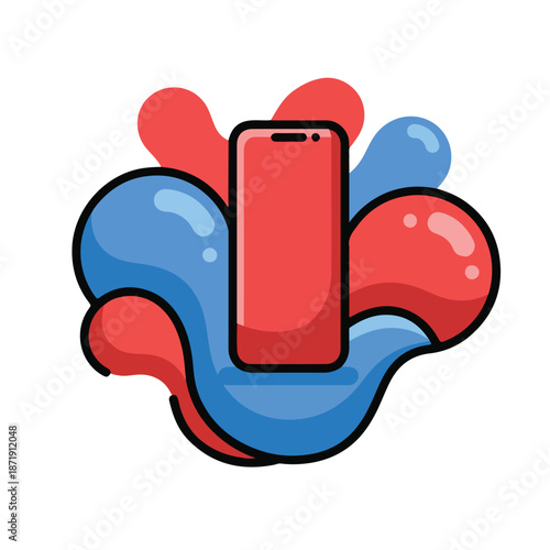 A red smartphone on a colorful abstract background
