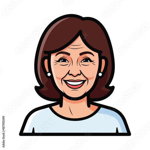 A smiling cartoon woman with brown hair