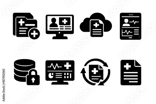 Electronic Health Icons. Electronic Health Records. Filled icon set of Electronic Health Records: digital