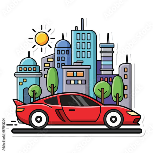 A red sports car driving past a cityscape