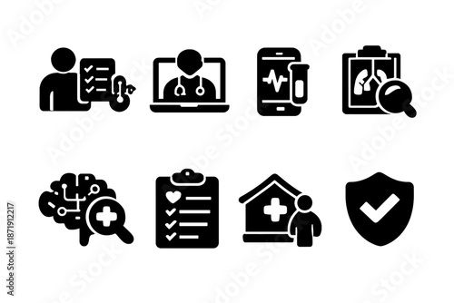 Remote Diagnosis Icons. Remote Diagnosis. Filled icon set of Remote Diagnosis: symptom check, online
