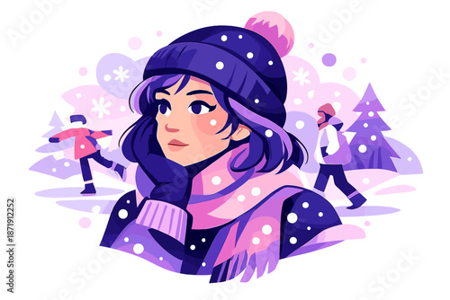 Dreamy Snowfall Gaze. Dreamy Snow Portrait. Slow-falling snowflakes surrounding a thoughtful gaze, pastel