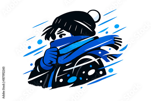 Snowy Wind Motion. Cold Air Portrait. A scarf wrapped around the face, snowflakes streaking diagonally in the