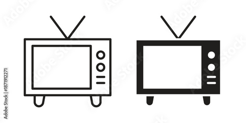 Television icons in a black filled and outlined style. Set of vector icons